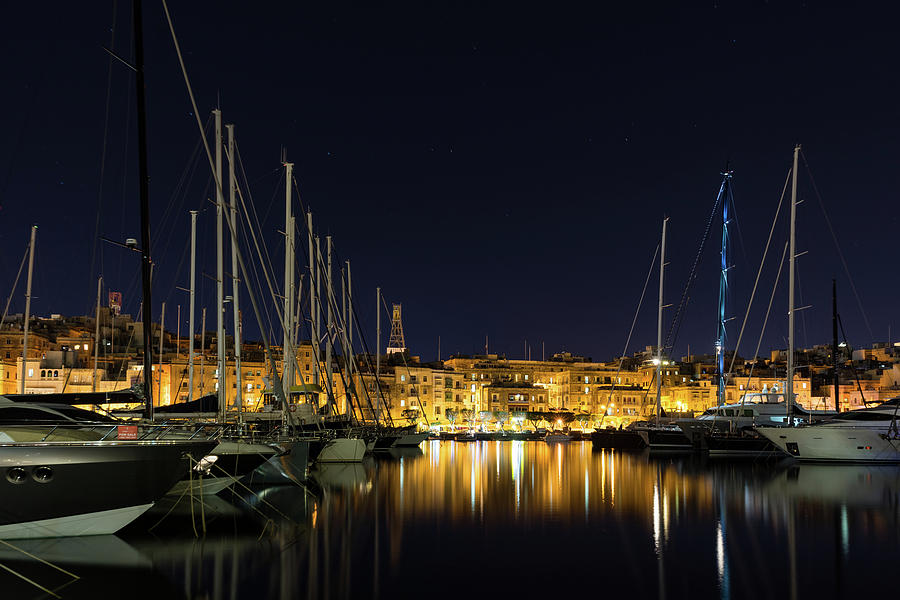 Blue Mast - Senglea Malta Magical Night Photograph by Georgia Mizuleva