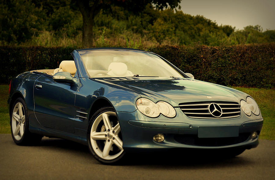 Blue Mercedes Benz Convertible In Remote Field Mixed Media
