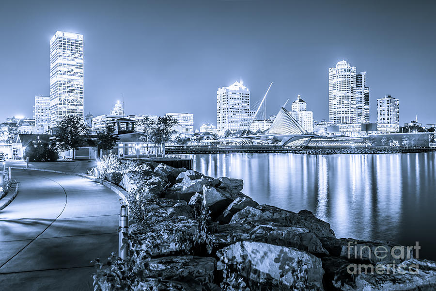 Blue Milwaukee Skyline at Night Picture Photograph by Paul Velgos