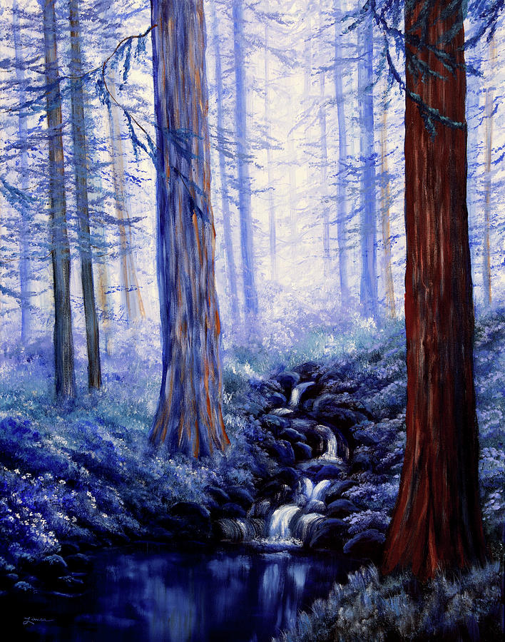Blue Misty Morning in the Redwoods Painting by Laura Iverson