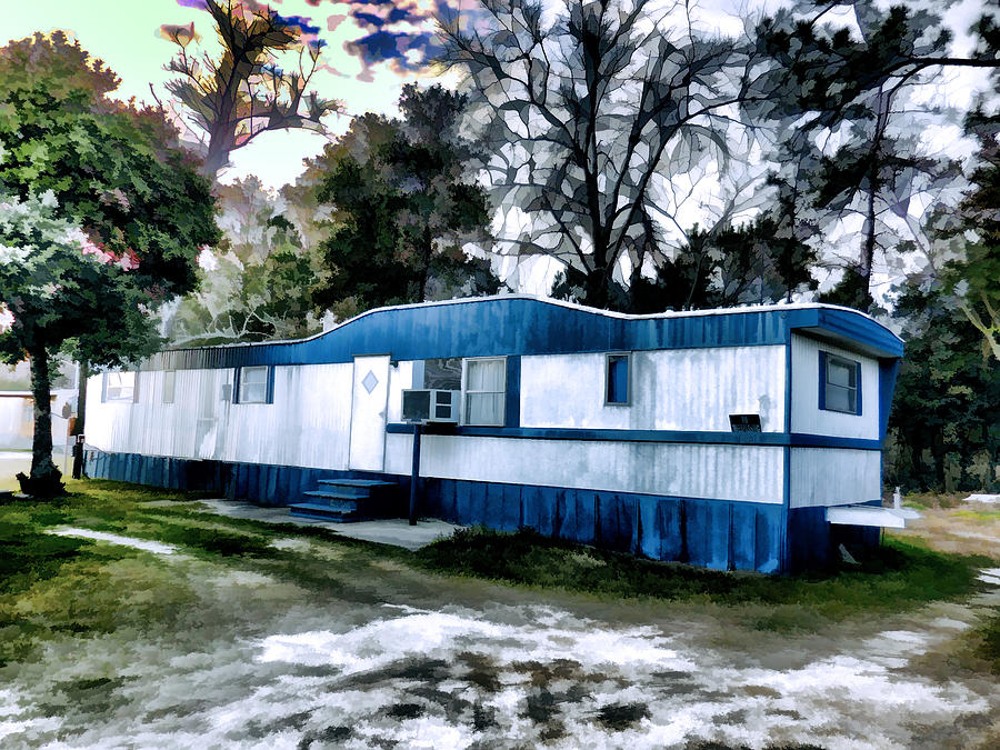 Tree Painting - Blue  Mobile Home Trailer House by Jeelan Clark