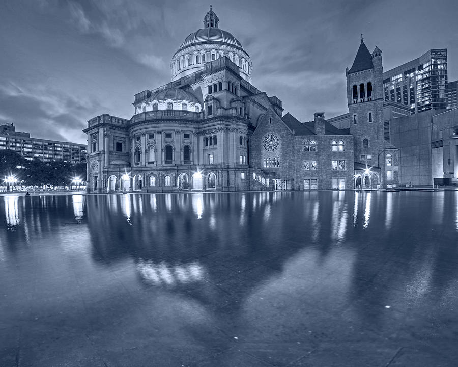 Blue Monochrome Boston Christian Science Building Reflecting Pool Photograph by Toby McGuire