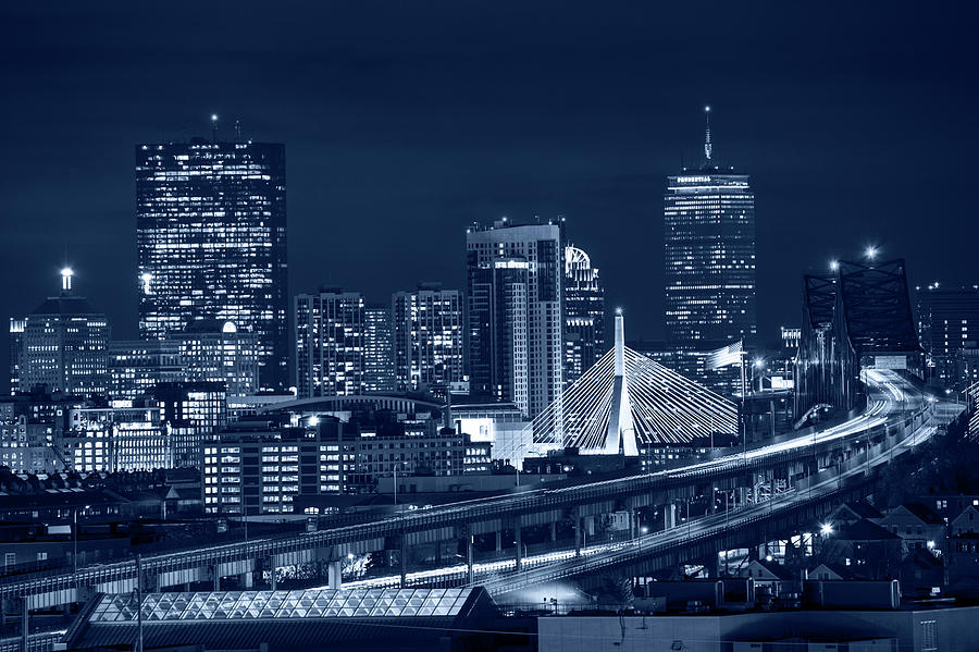 Blue Monochrome The Boston Skyline Boston MA Photograph by Toby McGuire