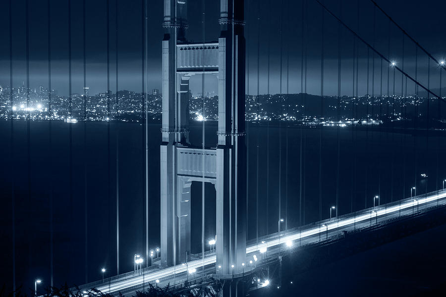 Monochrome Blue The San Francisco Skyline Through the Golden Gate Bridge Photograph by Toby McGuire