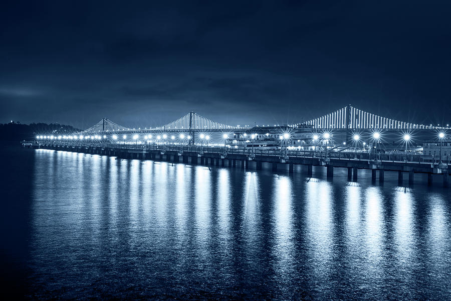 Bridge Photograph - Monochrome Blue Bay Bridge San Francisco California by Toby McGuire