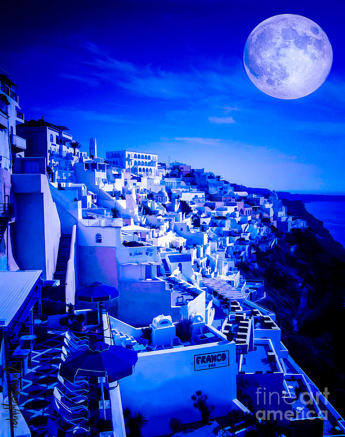 Blue Moon Over Fira Santorini Photograph by Margaux Dreamaginations