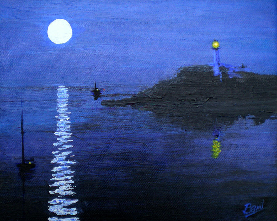 Lighthouse Painting - Blue Moon Rising by Bill Brown