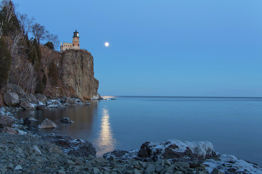 Blue Moonrise at Split Rock Lighthouse Photograph by Nancy Dunivin