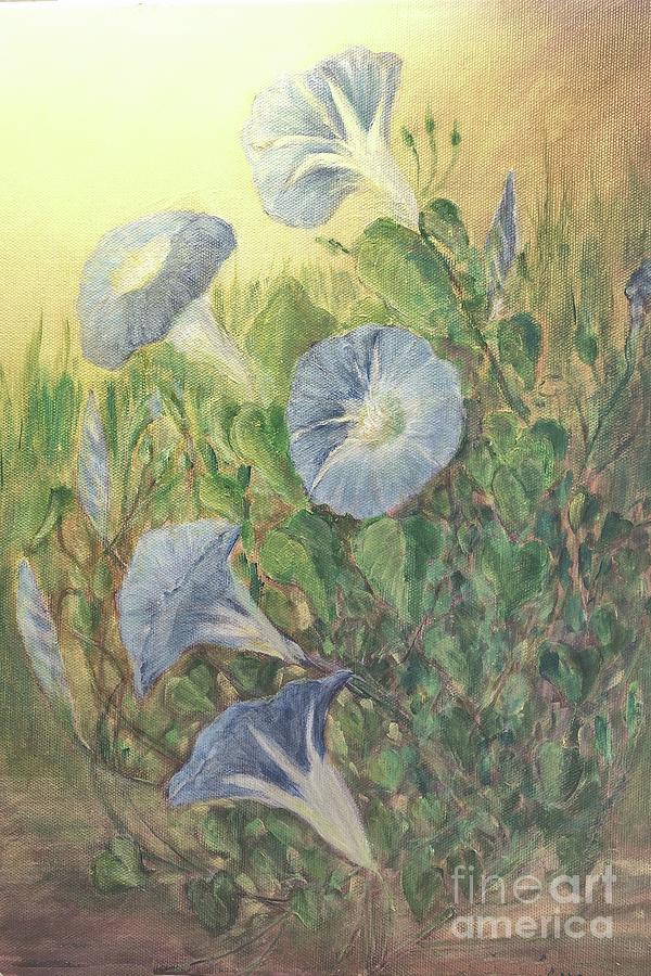 Blue Morning Glories Painting by Janette Boyd