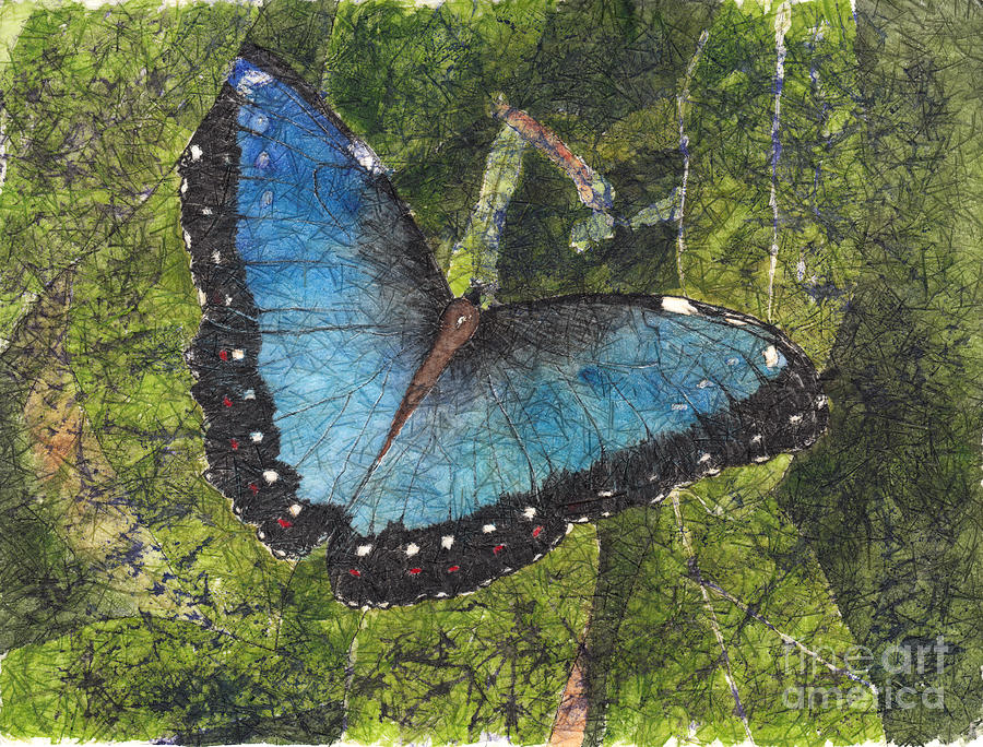 Blue Morpho Butterfly Batik Painting by Conni Schaftenaar