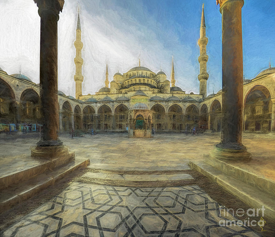 Blue Mosque Courtyard at Sunrise Digital Art by Syed Muhammad Munir ul Haq