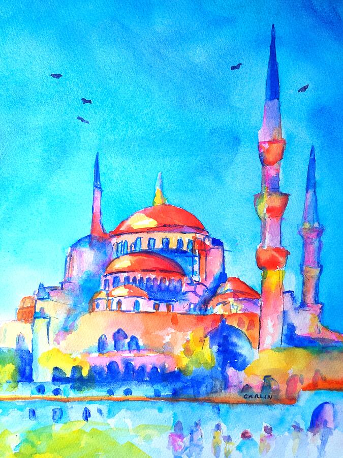 Blue Mosque in Orange Painting by Carlin Blahnik CarlinArtWatercolor
