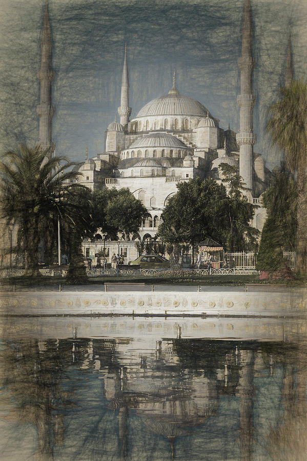 Blue Mosque - Vintage Blue Sketch Photograph by Stephen Stookey