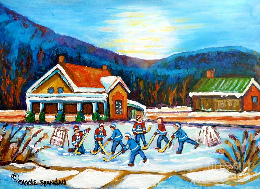 Blue Mountains At St Hippolyte Pond Hockey Painting Rural Quebec Landscape Cabin Scene C Spandau     Painting by Carole Spandau