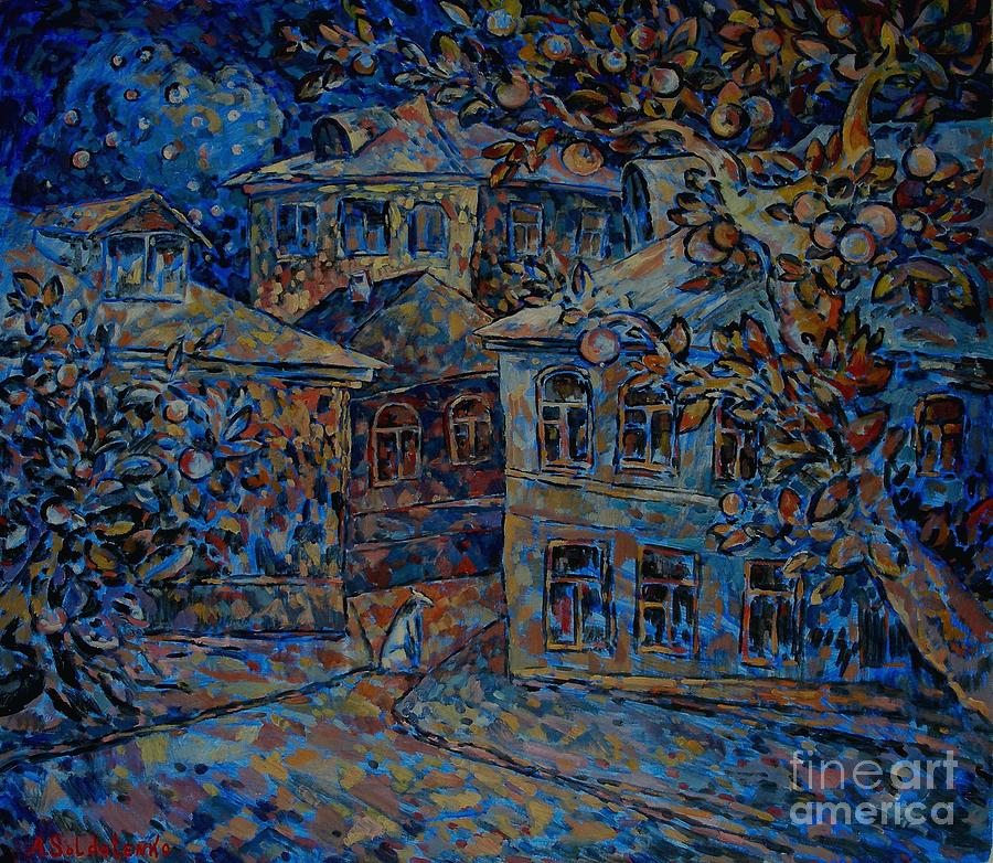 Landscape Painting - Blue night white dog by Andrey Soldatenko