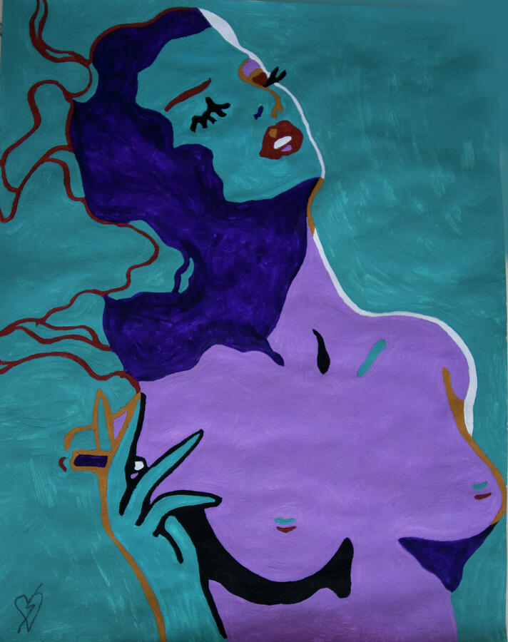 Blue Nude Female Smoking  Painting by Stormm Bradshaw