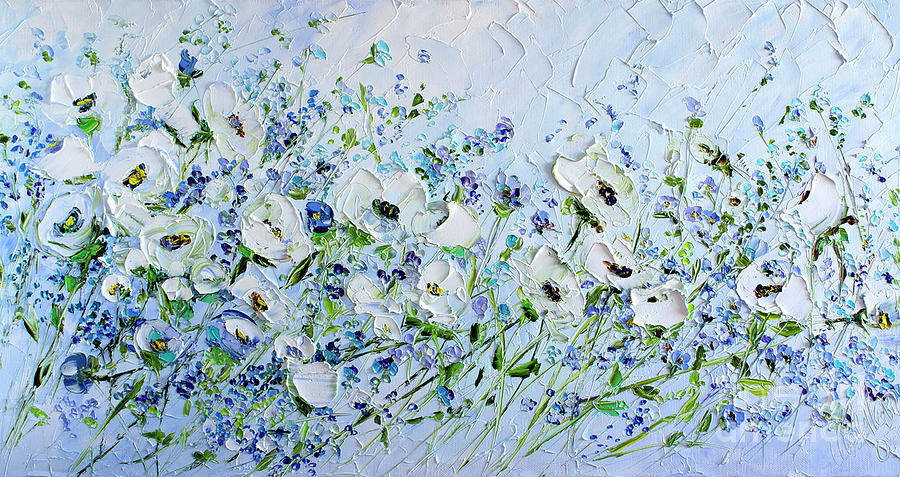 Blue Painting With White Flowers Wall Art Impasto Textured Painting By Marina Matkina