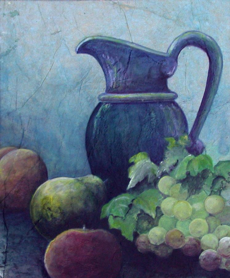 Blue Pitcher with Pear Painting by Sandy Clift