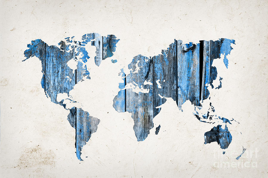 Blue planks world map Photograph by Delphimages Map Creations