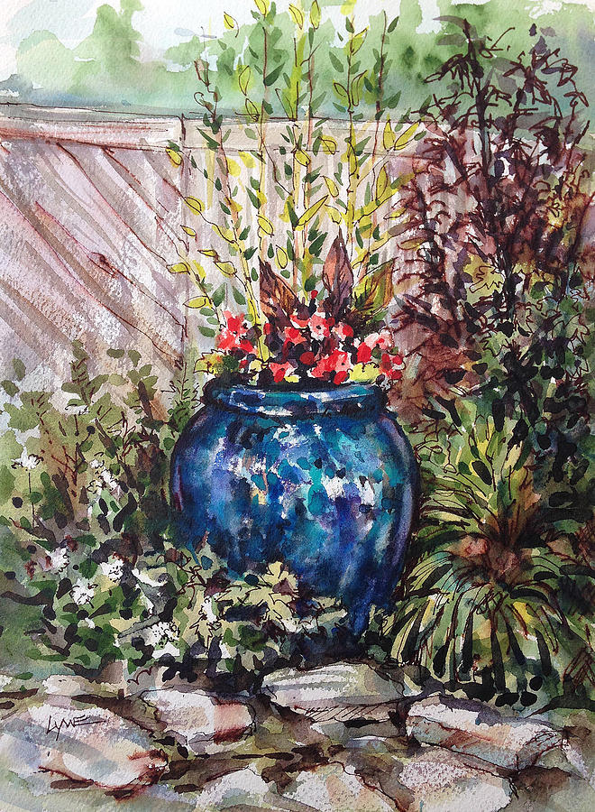 Blue Planter Painting by Lynne Haines