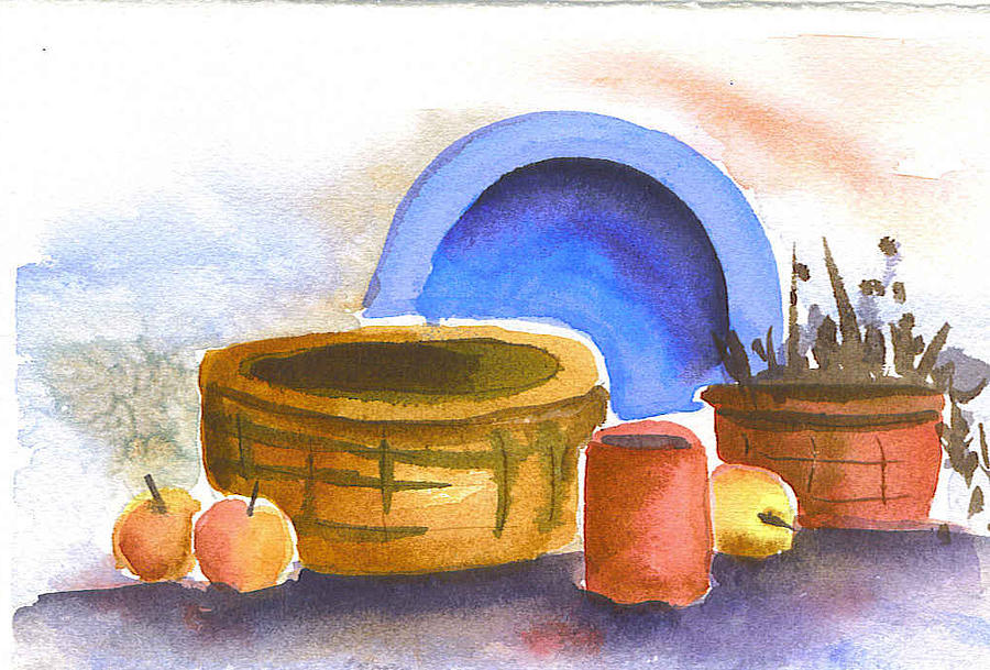 Still Life Painting - Blue Plate And Basket by Ruth Bevan Still Life Painting - Blue Plate And Basket by Ruth Bevan