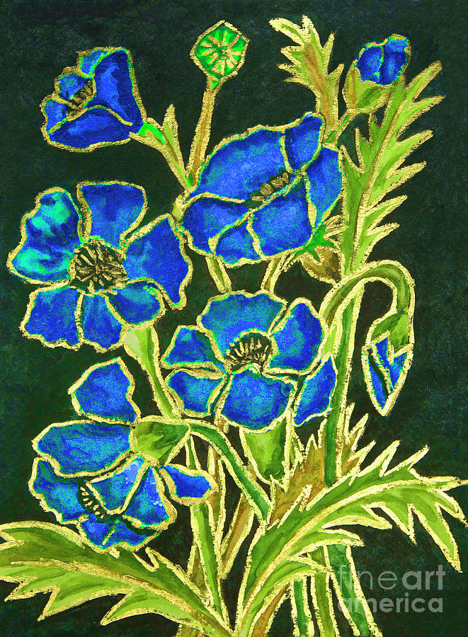 Blue Poppies on black background, painting Painting by Irina Afonskaya