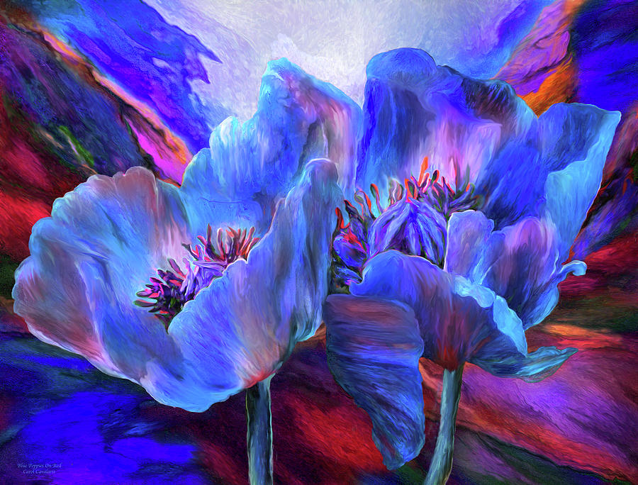 Blue Poppies On Red Mixed Media by Carol Cavalaris