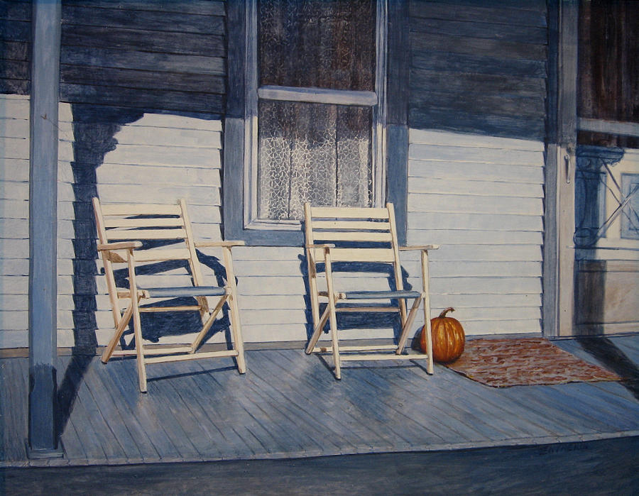 Egg Tempera Painting - Blue Porch with Chairs by John Entrekin