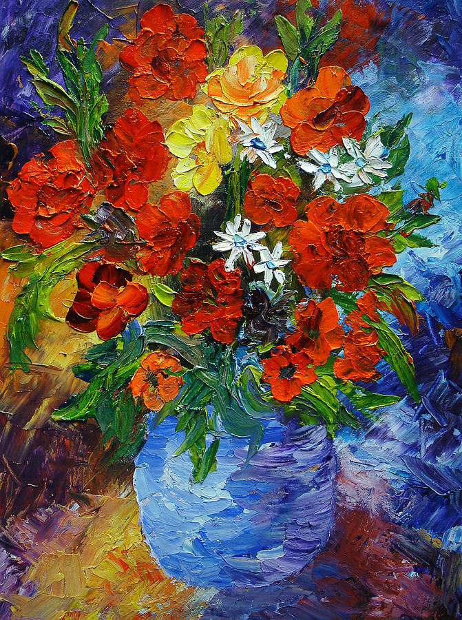 Blue Pot Floral Painting by Mary Jo Zorad