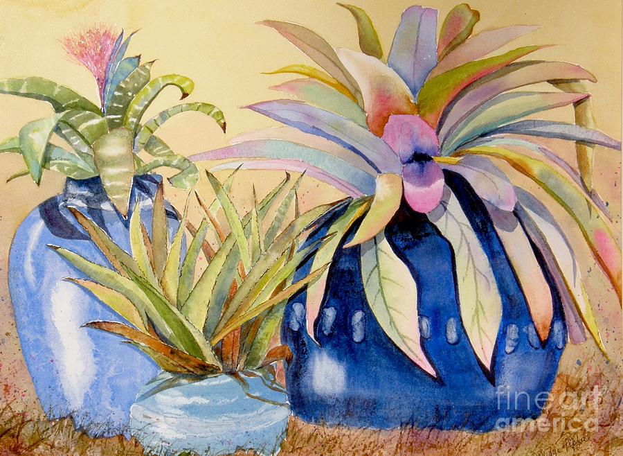 Succulents Painting - Blue Pots by Midge Pippel Succulents Painting - Blue Pots by Midge Pippel