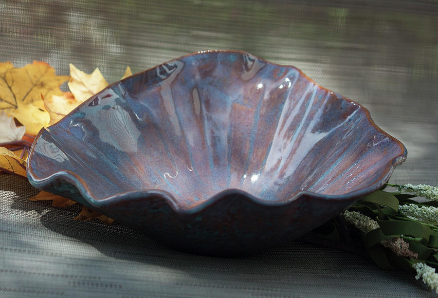 Blue Purple Scalloped Decorative Bowl Ceramic Art by Suzanne Gaff
