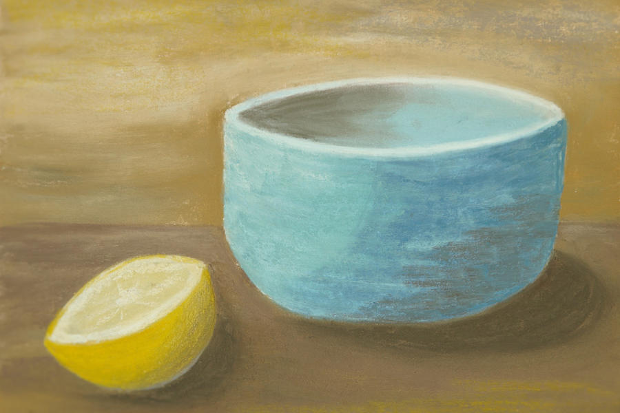 Lemon Drawing - Blue Ramekin with Lemon by Cheryl Albert