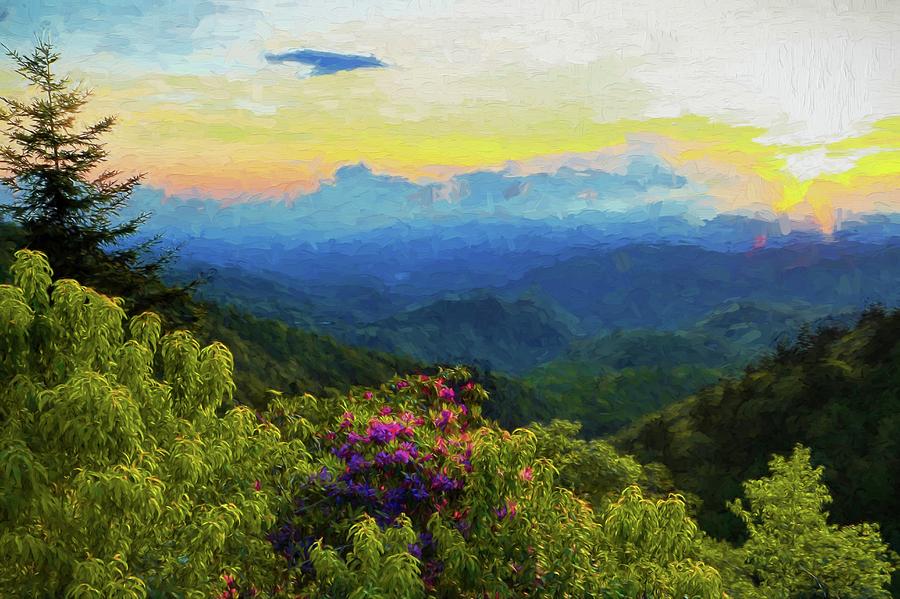 Blue Ridge Parkway And Rhododendron Painting Photograph by Carol Montoya