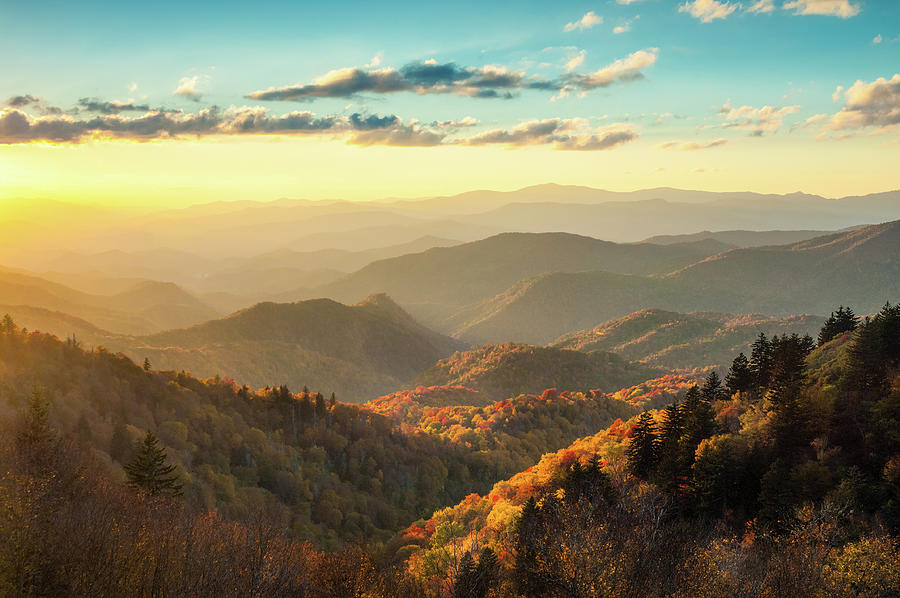 Sunset Photograph - Blue Ridge Parkway NC Golden Smoky Mountain Autumn Light by Robert Stephens