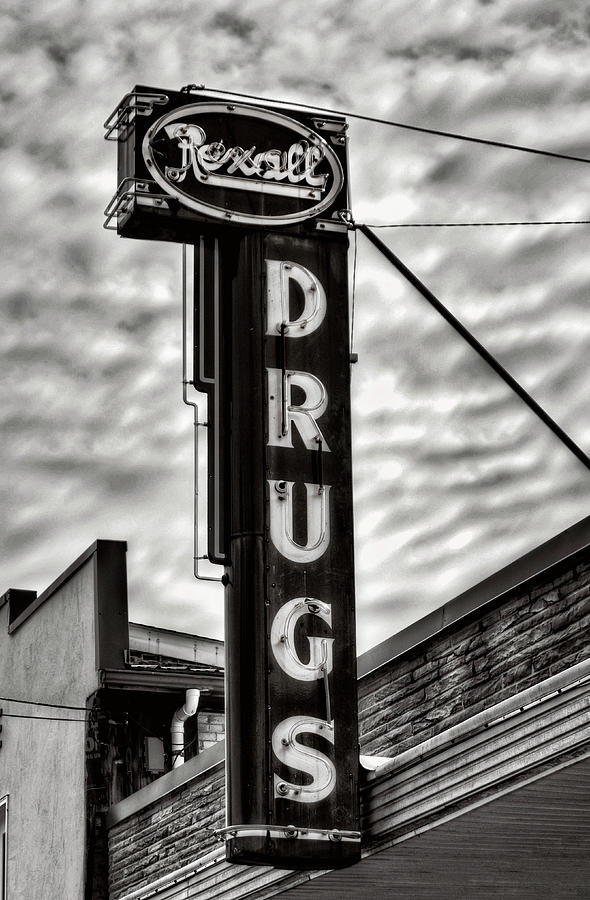 Blue Ridge Rexall Sign In Black and White Photograph by Greg and ...