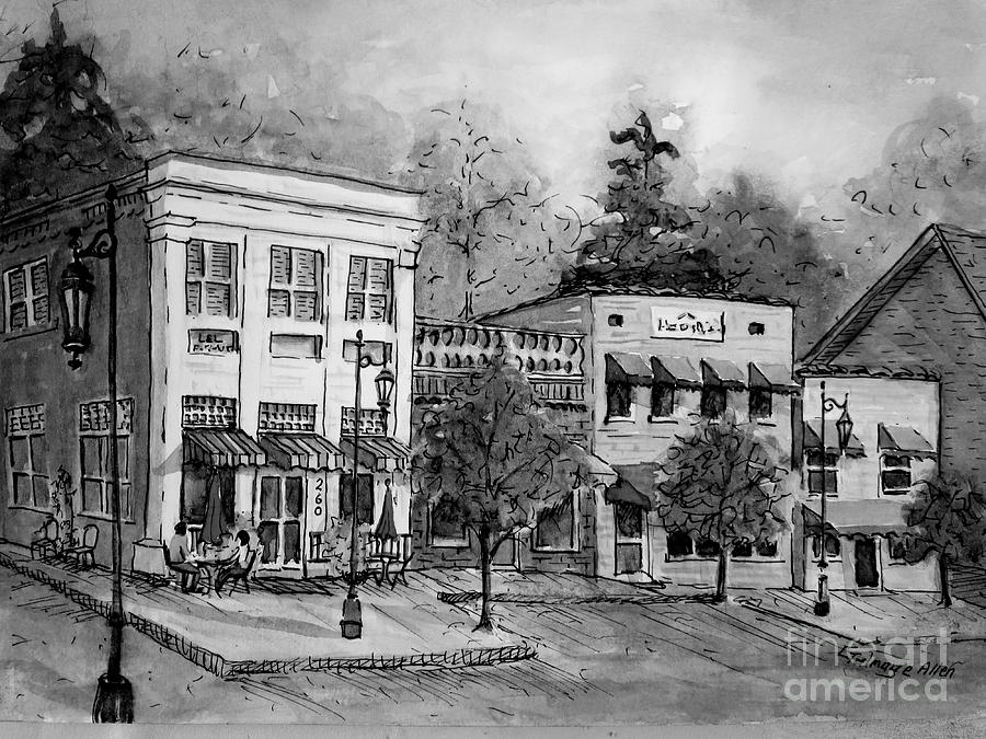 Black And White Painting - Blue Ridge Town in BW by Gretchen Allen