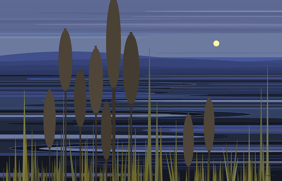 Blue Ripples - Cattails at the Lake Digital Art by Val Arie