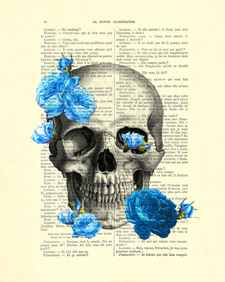 Rose Mixed Media - Blue roses with skull art print by Madame Memento