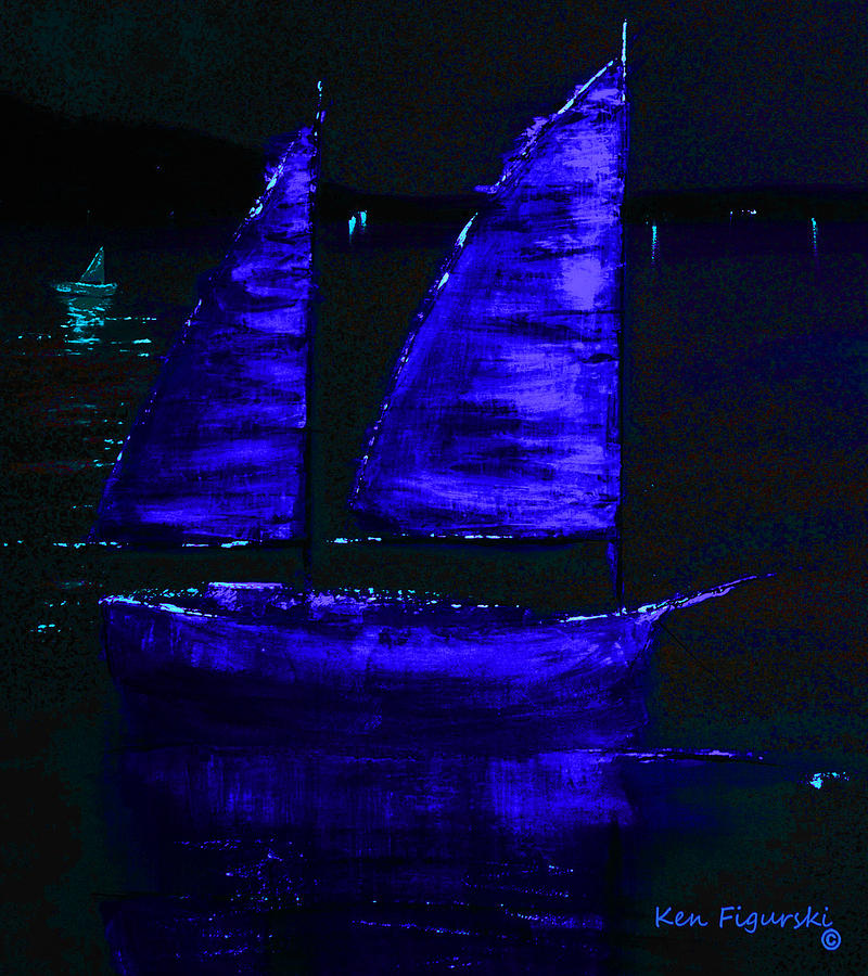 Blue Sail Night Crop Painting by Ken Figurski