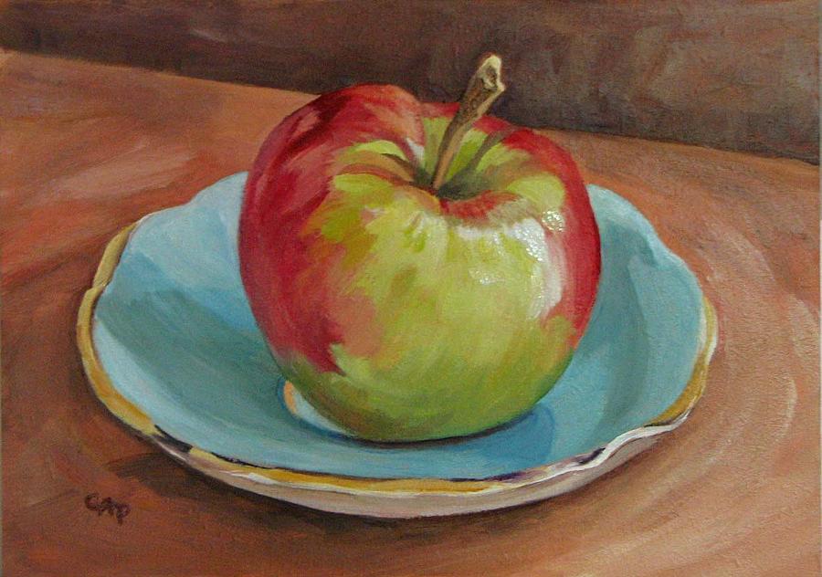 Blue Saucer with Apple Painting by Cheryl Pass