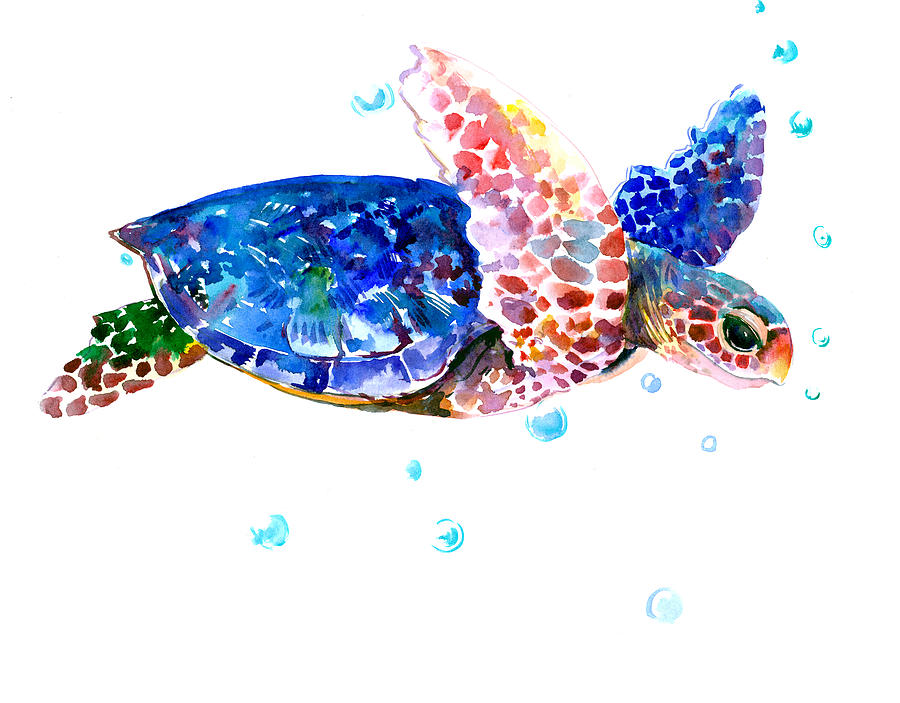 Turtle Painting - Blue Sea Turtle by Suren Nersisyan