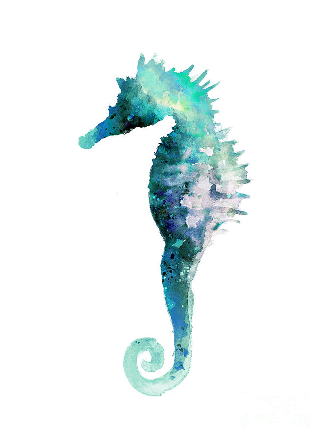 Seahorse Painting - Blue seahorse watercolor poster by Joanna Szmerdt