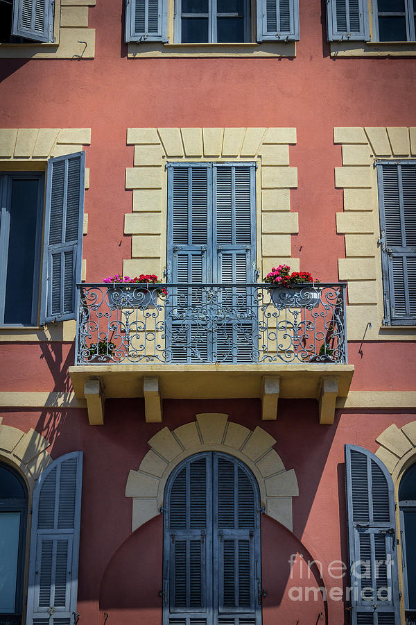 Blue Shutters, Balcony and Flowers in Nice, France Photograph by Liesl Walsh