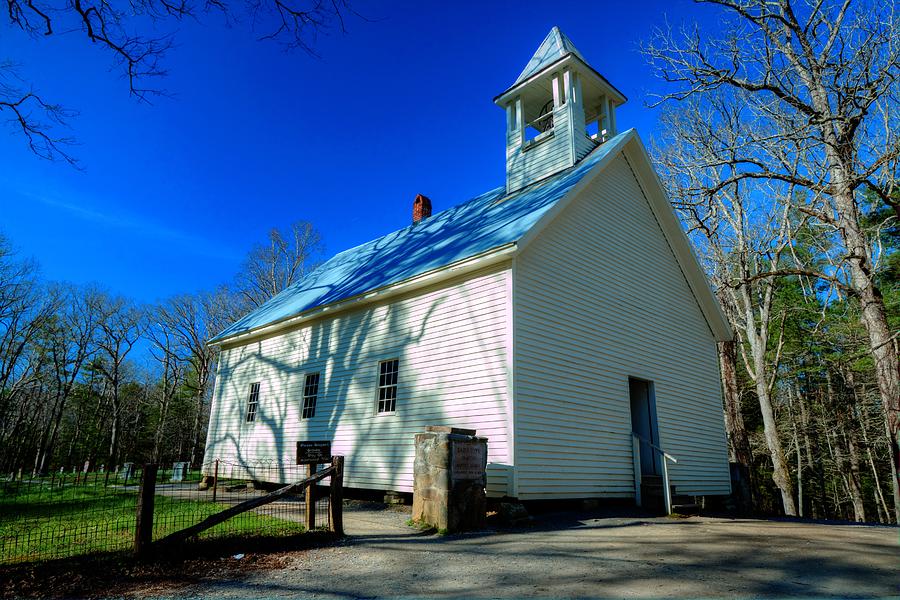 Blue Skies at the Primitive Baptist Church In The Great Smoky Mountains National Park At Cades Cove Photograph by Carol Montoya