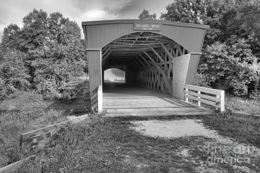 Blue Skies Over The Holliwell Covered Bridge Black And White Photograph by Adam Jewell