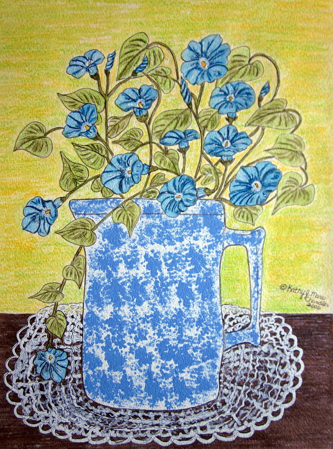 Blue Spongeware Pitcher Morning Glories Painting by Kathy Marrs Chandler