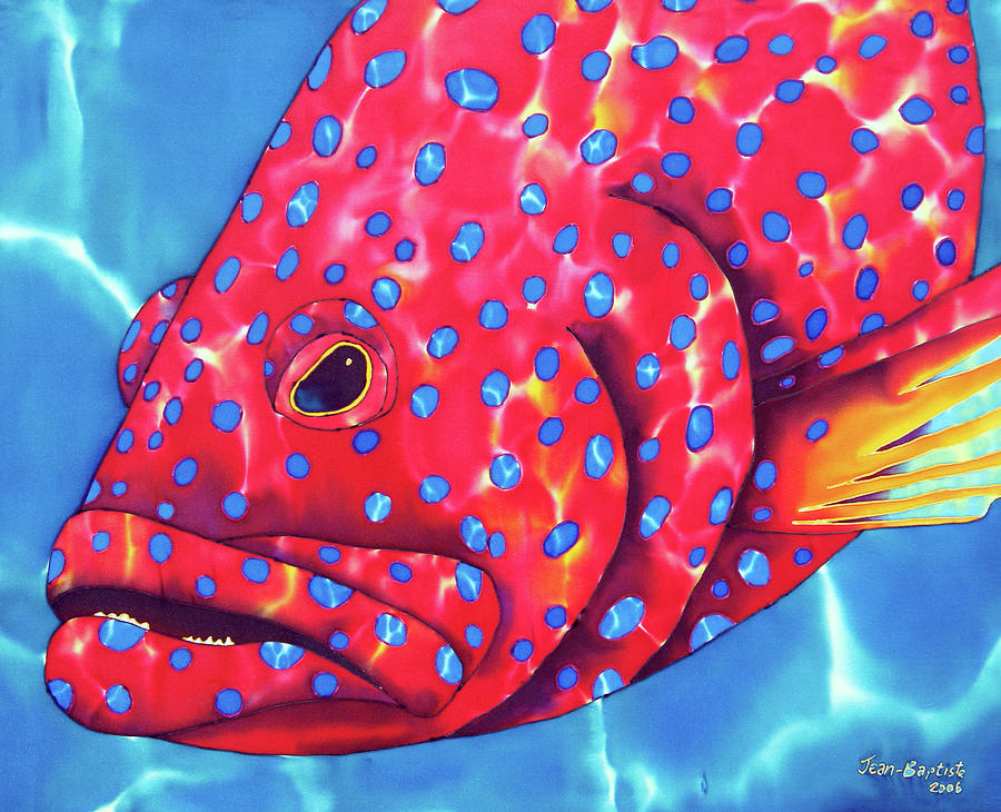 Nature Painting - Blue Spotted Red Coral Grouper Fish by Daniel Jean-Baptiste