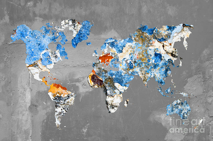 Blue street art world map Photograph by Delphimages Map Creations