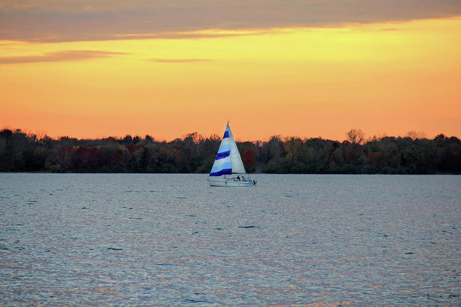 Blue Striped Sailboat Photograph by Angela Murdock
