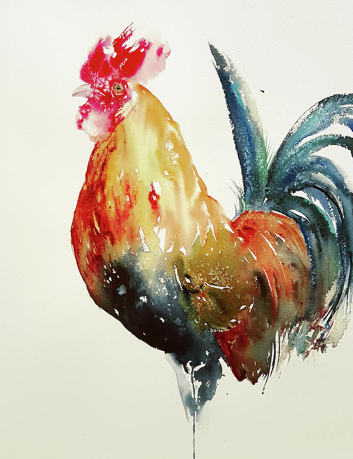 Blue tailed Rooster Painting by Arti Chauhan